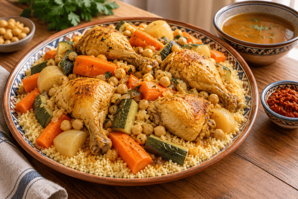 Plat de couscous au poulet, carottes, navets, courgettes et pois chiches, avec bouillon et harissa à part