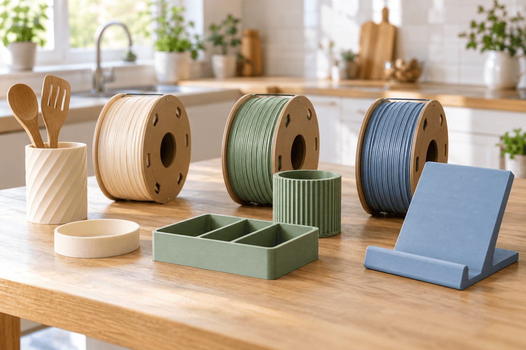 Trois bobines de filament et des accessoires imprimés en 3D sur une table de cuisine.
