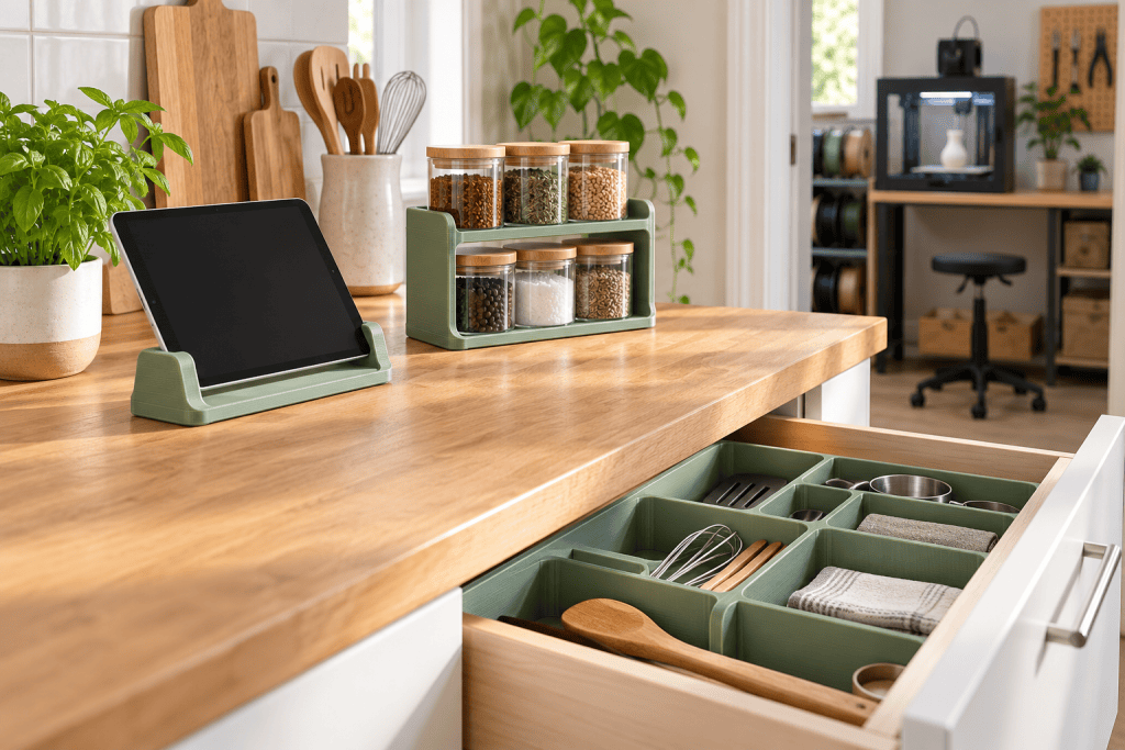Supports et rangements imprimés en 3D sur un plan de travail de cuisine, avec des bocaux fermés.