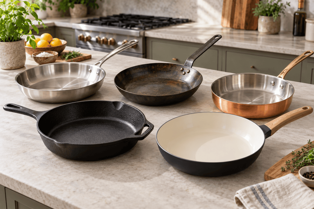 Cinq poêles de cuisine aux finitions inox, acier sombre, fonte noire, céramique claire et cuivre sur un plan de travail.